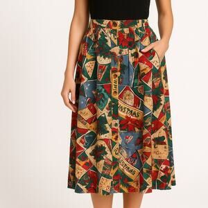 Vtg Cambridge Dry Goods Christmas Print Button-Front Midi Skirt Size M Festive